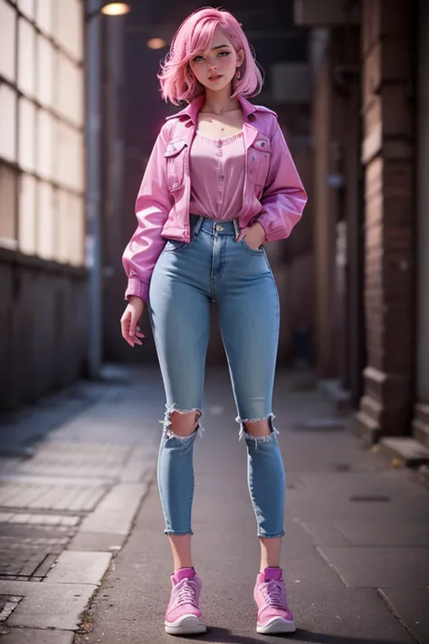 young woman, light pink hair, violet eyes, short jacket,  ironic smile,  well-fitting blouse , tailored jeans ,  classic sneaker...