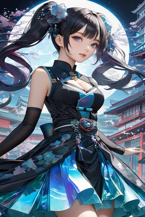 Twin tails, Aesthetic harmony of dark colors, gothic cyberpunk, A miraculous fusion with Ukiyo-e, Creating a fantastical view of the universe with a holographic transparent coating, 
break 詳細でリアルな肌の質感, (I can see her cleavage, The suppleness of silk, Silk ...