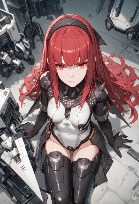 Garnet, red eyes, red hair, long hair, Mole under eye, Garnet clothes, headgear, headband, mech waist wings, thigh boots,sitting on the hair,crossed legs,from above
