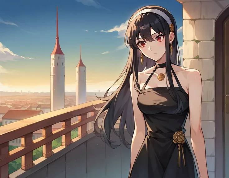  score_9,  score_8_up,  score_7_up, sauce_Anime,
Yorbraia,  Your Briar ,  Black Hair , red eyes,  earrings for a woman alone, white  headband,  headband, Long Hair,  side lock,
 dress,  clevis,  Bare Shoulder ,  jewellery, clavicle,  sleeveless, black  dre...