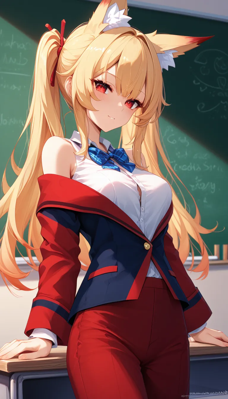 bare shoulders, 1 girl,  long golden hair,  4k,    red eyes , , fox ears, standing, in school, neckline, hair pattern, teacher g...