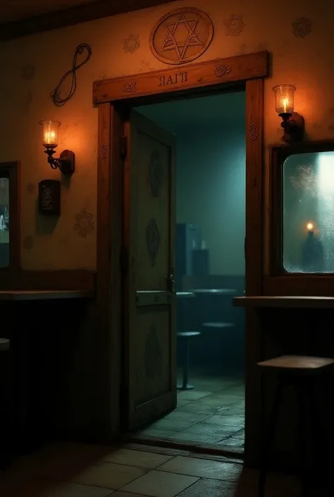 Show a rusty, partially open door at the back of the diner, revealing only darkness inside. Close-up on faded, cryptic symbols etched around the doorframe, barely visible in the dim light.