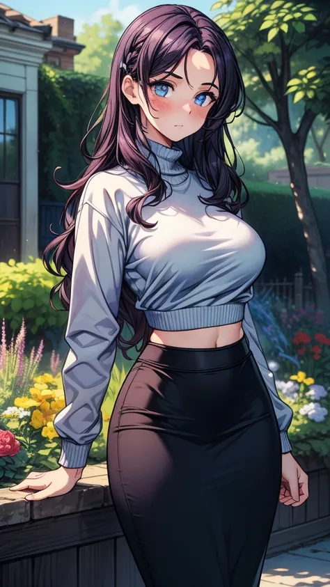 ((masterpiece, best quality:1.8, high detail)), beautiful woman, ((looking at viewer)), bright blue eyes, blush, (large breasts), (long wavy hair), (dark purple hair), hairpin, (sweatshirt), (black midi pencil ((skirt))), slim body, (wide hips), (lower bod...