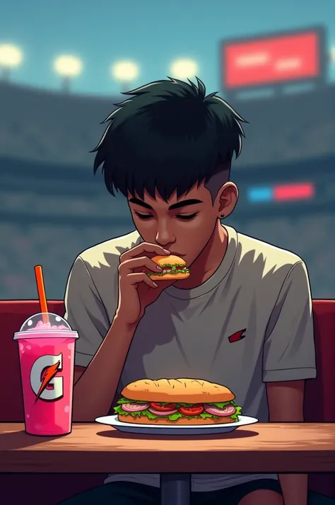 A sad white guy with a bowl cut eating a turkey sandwich with Gatorade and pink sauce at a stadium