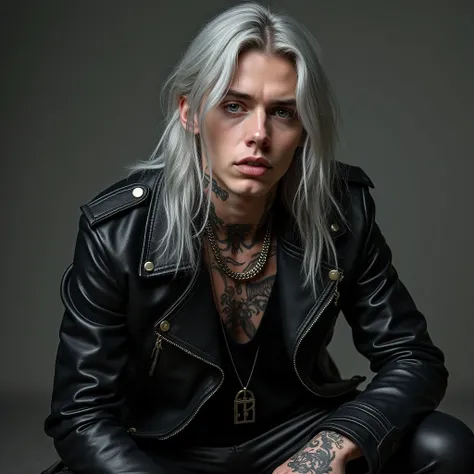 a 20-year-old men , Rocker and Gothic ,  with long straight hair dyed silver, black tattoos, delgado,attractive,  leather jacket, leather pants,  chains for his wardrobe , rings,  nails painted black,  very gothic and rocker, que lleve una mascarilla de cu...