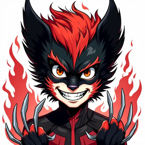 RED wolverine animal Teen boy  man with claws black ears and eye area also black ,   smile face with playful, sharp eyes,  marvel comic superhero style   character mascot face  line art