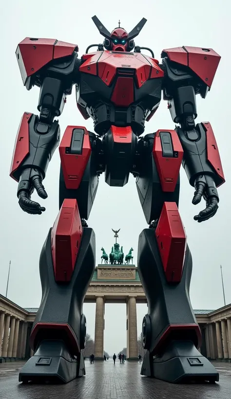 Giant Combat Robot for Germany: Inspired by advanced German technology, this robot has angular lines and black and red colors. It is placed in Berlin, near the Brandenburg Gate.