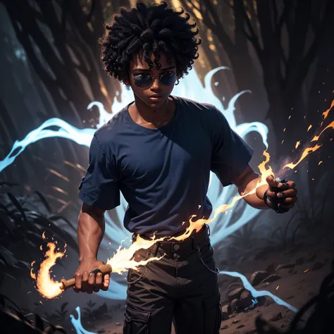 A black-skinned and curly haired teenager wearing a long white shirt and loose cargo pants with fire in one of his hands and with a brown glove on his left hand with a half-bluish light on his face and in the background a dark and dark forest with shades o...