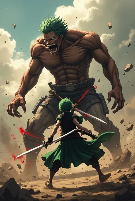 Roronoa Zoro from One Piece anime cuts off the head of Arien Yeager from Attack on Titan anime with a lot of blood
