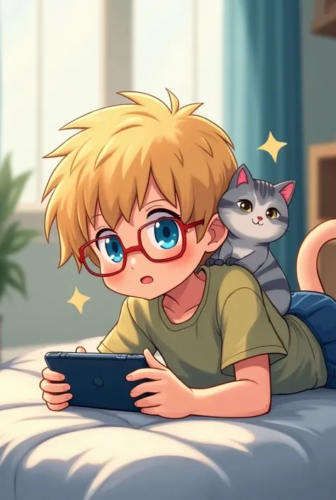 Animestyle,  boy with blonde , short, straight hair , blue eyes,  red glasses gambling on the Switch is tummy lying on the bed, A grey-white tabby cat is lying on his back  