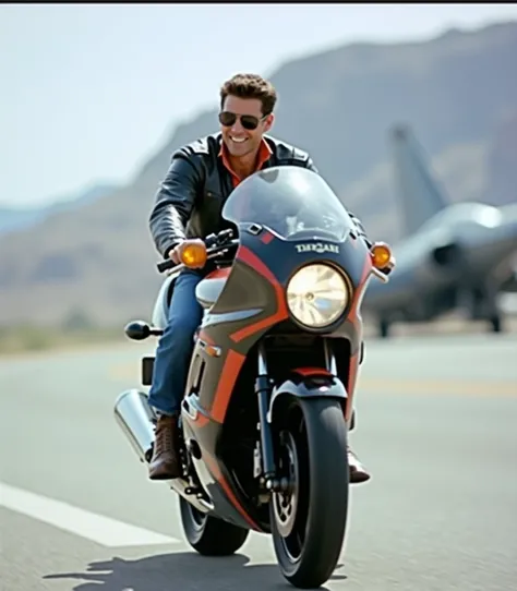 Character Tom Cruise driving the Kawasaki Gpz 900 from the movie Top Gun, while smiling, wears sunglasses