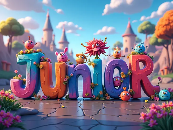 Create a poster with letter-by-letter writing "JUNIOR" en français dans un style Disney 4d.
Mettre bien visible 

Thème FORTNITE en arrière plan. 