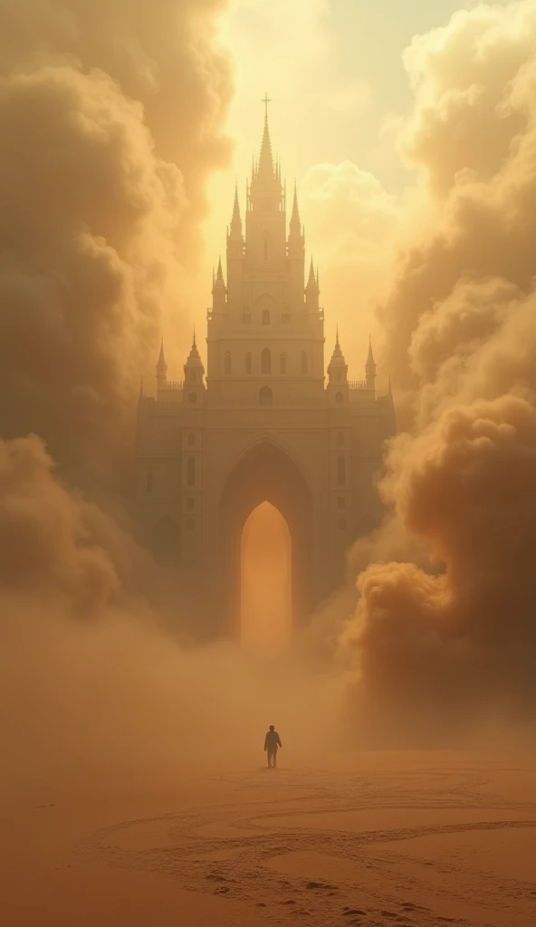 A surreal apparition of a translucent ancient palace emerging from a desert sandstorm. Majestic arches and towers barely visible through the swirling sand. Sunlight breaks through the storm, casting a golden glow on the distant palace. The scene feels myst...