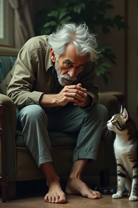 Fifty-year-old man with white hair is chewing the nail of his toe that the cat loves