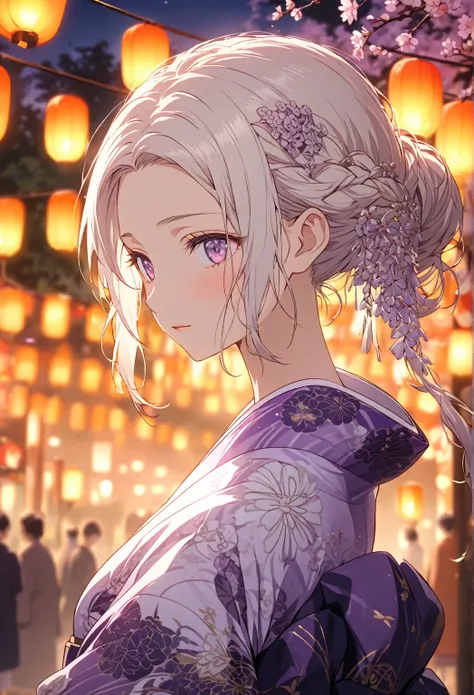 Create an anime-style portrait set in a serene, enchanting evening festival scene. The background is filled with softly glowing paper lanterns hanging from strings, casting a warm, gentle light that creates a magical and dreamy atmosphere. The setting is s...