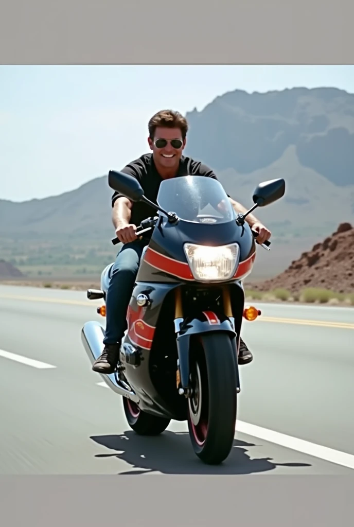 Character Tom Cruise driving the Kawasaki Gpz 900 from the movie Top Gun, while smiling, wears sunglasses