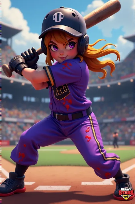 Bibi from brawl stars in a baseball uniform (purple jersey with red dripping and black numbers and letters) in a pose about to hit a home run holding a tarred up baseball bat 