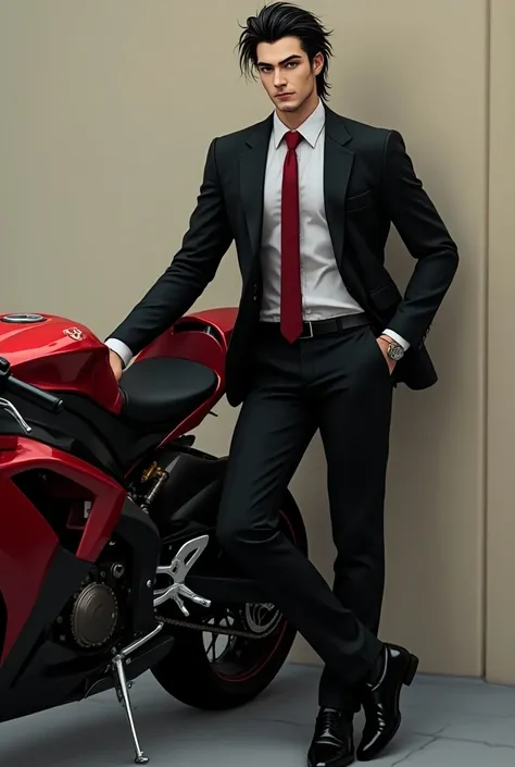  Neck-length black-haired man , no beard,dark green eyes ,  wearing a black suit with a red tie leaning against a wall next to a red motorbike 