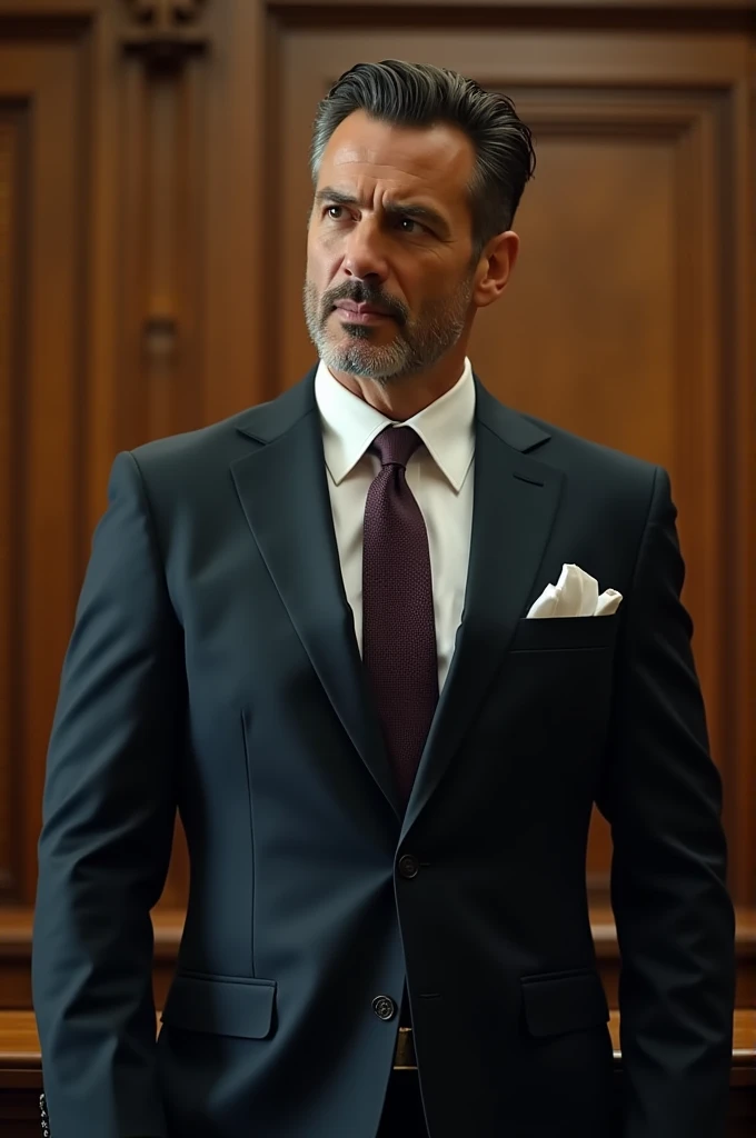 A man who looks like actor Jeffrey Dean Morgan, hes wearing a suit because hes a prosecutor.