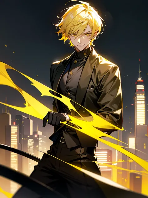 1masculino, young adult, light yellow hair,  short hair, bright yellow eyes,  tousled hair, Radiant, cool guy, smirk, black clothes, city clothes, two katanas, Masculine, beautiful lighting, city