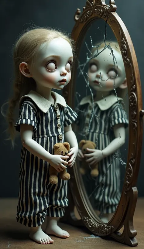 The Mirror Child ":  A figure with large eyes and no pupils ,  wearing antique black and white striped pajamas . Her skin is pale and appears cracked , like porcelain.  She holds a faded plush rabbit ,  and her image reflects in a broken mirror with floati...