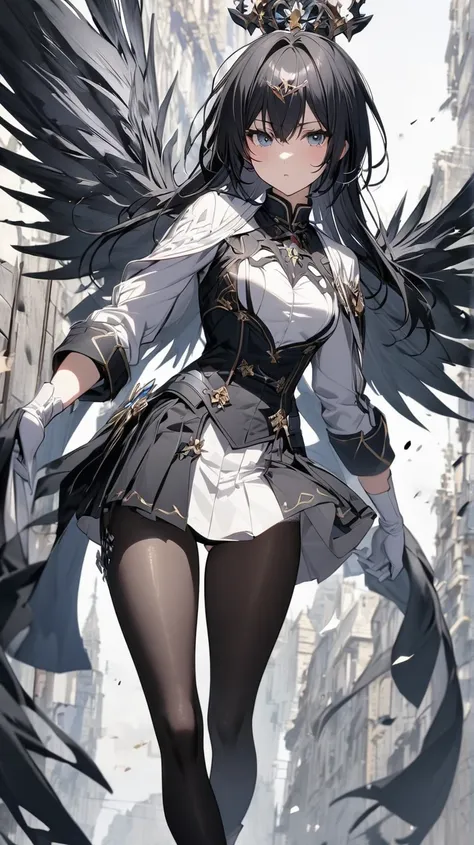   one woman　 black tights　 White underwear 　Tall　 Black Hair 　White boots　  white gloves　 Art 　   Miniskirt　 black panties