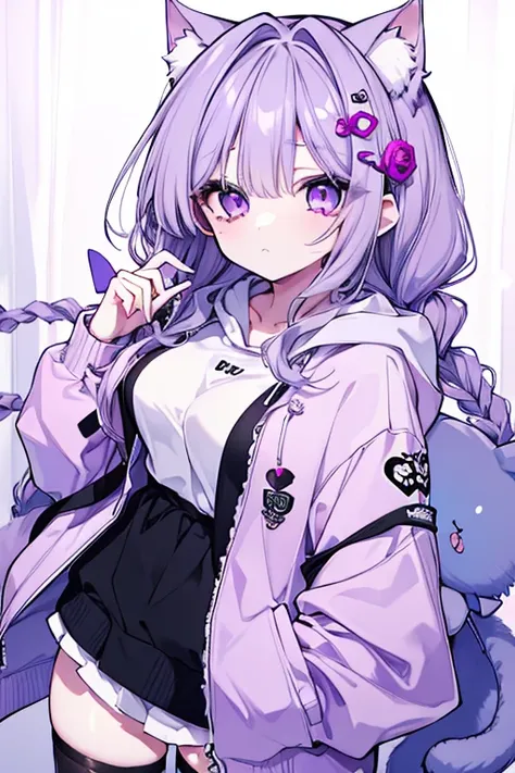  1 girl、 mature、Ample breasts、 long lashes、Beauty、Two braids、 beautiful face、pale purple cat ear hoodie、Fluffy hoodie、Fluffy、Miniskirt、garter、