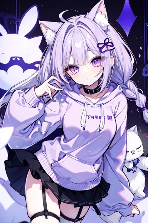  1 girl、 mature、Ample breasts、 long lashes、Beauty、Two braids、 beautiful face、pale purple cat ear hoodie、Fluffy hoodie、Fluffy、Miniskirt、garter、