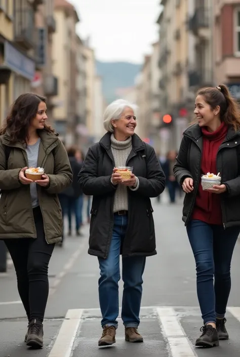  A group of people helping each other ,  with a young woman helping an elderly person cross the street ,  while others are sharing food and smiling. The background has a welcoming urban landscape ,  symbolizing solidarity and mutual support .