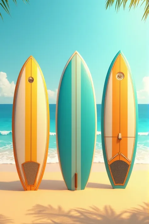 3 surfboards standing on the sand 