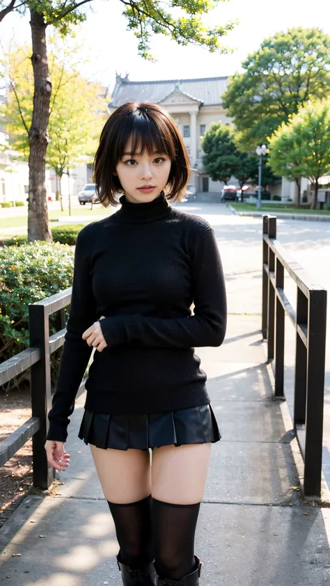 (8k、 raw photos from the last century、best quality、masterpiece:1.2)、(realistic、realistic)、1 person、((black knit、 black miniskirt...