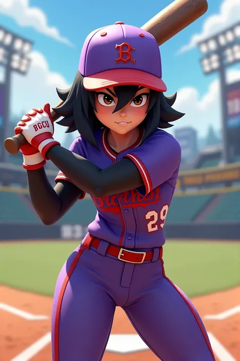 Bibi from brawl stars in a baseball uniform (purple jersey with red dripping and black numbers and letters) in a pose about to hit a home run holding a tarred up baseball bat( black short hair tall standing a homeplate looking very confident 