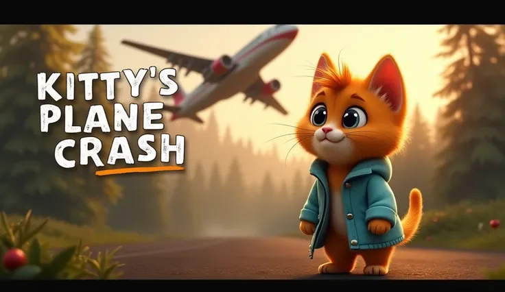 "Create a cinematic and adventurous YouTube thumbnail for the animated movie Kitty’s Plane Adventure. The background shows a dramatic scene of a plane in the distance, tilted slightly, with faint smoke or sparks coming from it to hint at an emergency landi...