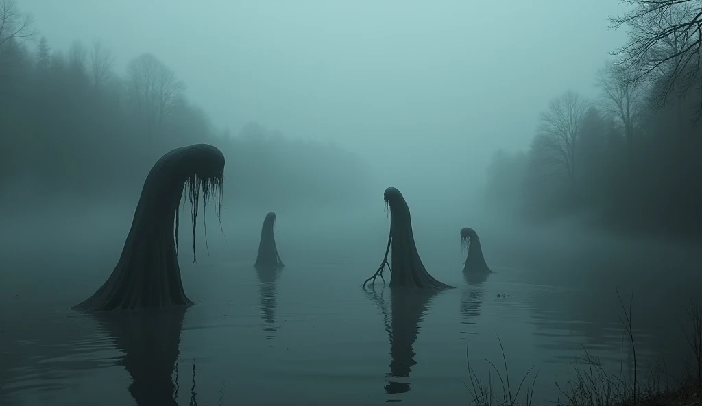 heavy fog , dark environment, Lake, Bizarre creatures