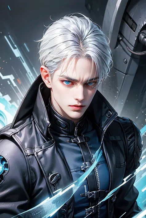  1boy,wearing a black jacket with blue energy running throughout the jacket,white hair,close up shot, futuristic mouth mask,blue outlines on the jacket,deep blue eyes, wavy messy unkept hair, ultra detailed eyes, glowing eyes, highest quality digital art, ...