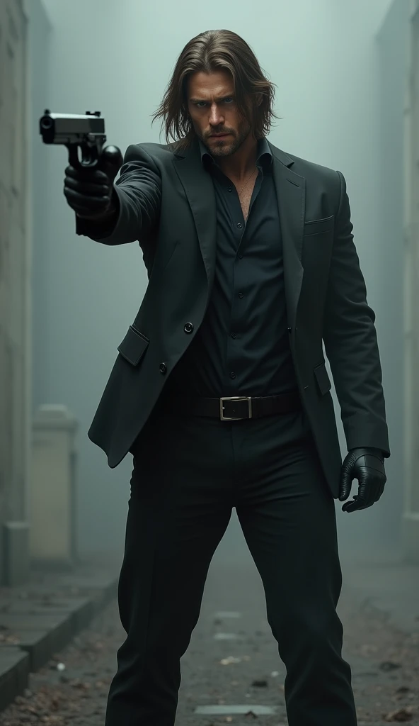 An attractive 36 year old man, two meters tall and wide, with golden skin, green eyes, long, wide and muscular brown hair wearing a black long sleeved dress shirt, black pants and black shoes while pointing his gun at the camera. His hands are covered by b...