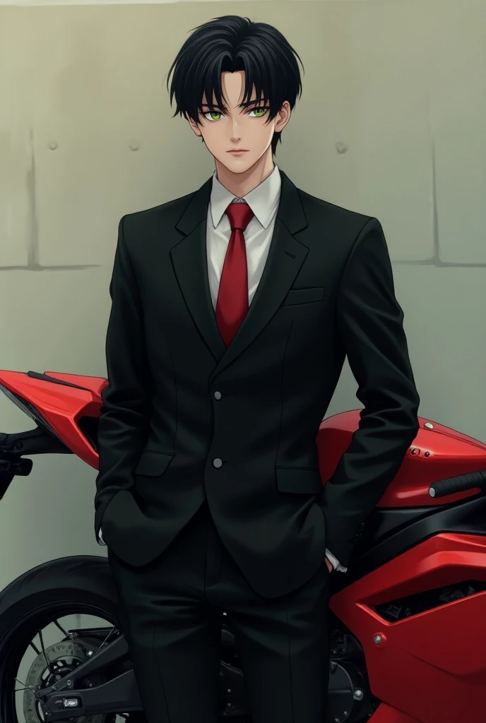 Young man with black hair up to his neck , no beard,dark green eyes ,  wearing a black suit with a red tie leaning against a wall next to a red motorbike 