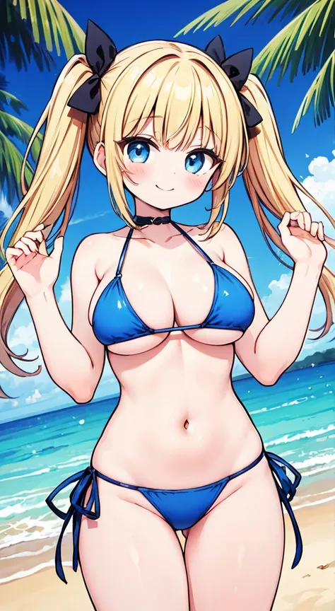 Float 1.1,Highest quality,metallicblue Bikini Girls,sidetie bikinibottom,Microbikini,Twin tails,Large Breasts,Beach,smile,Blonde hair and puffy eyes,cute eyes,glamorous,