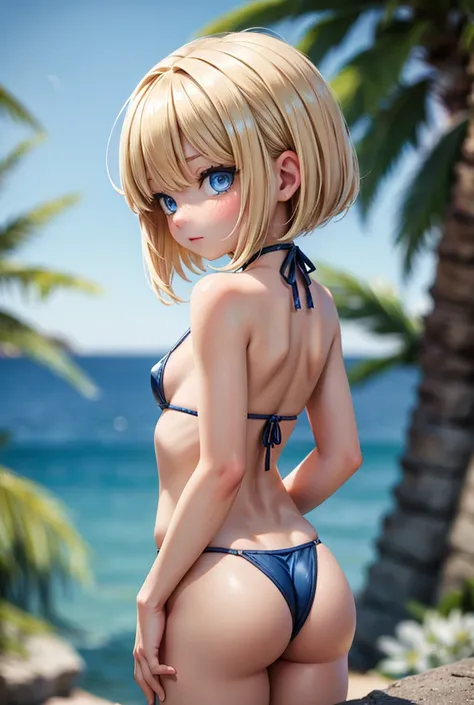  shortcut ,  blue eyes,Blonde,  bangs between eyes,  small breasts,metallic dark blue micro bikini, T-back ,  high resolution on down,Rear view, 