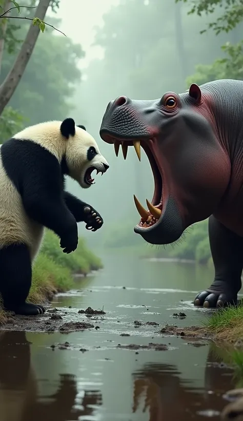 Create a powerful scene where a Panda and a Hippopotamus are locked in a tense face-off, both radiating anger and aggression. The Panda, standing on its hind legs, should be baring its teeth, with its fur bristling and claws extended, ready to defend its g...