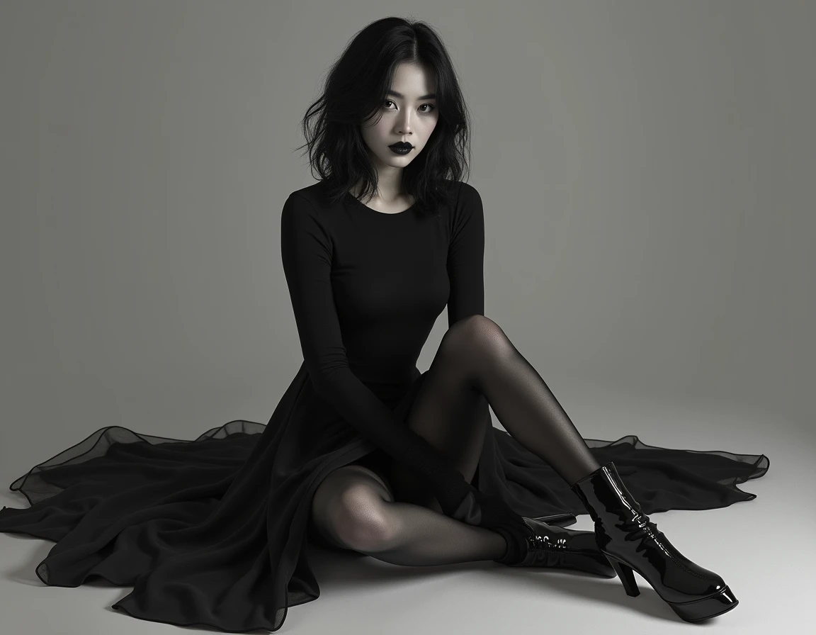 30-year-old girl with shoulder-length black hair wearing a black short fabric dress, black panty and high black ankle boots