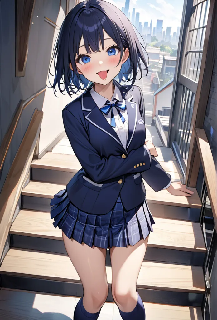 (((japanese jk uniform, navy blue blazer , navy blue plaid pleated miniskirt,dark blue short socks,))), ull body、masterpiece, be...