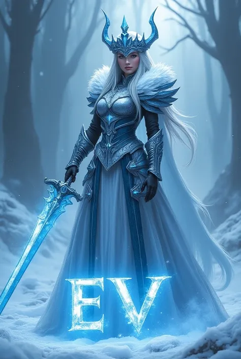 A frost warrior queen wearing a metal crown, there are glaciers around her. She is holding a shining sword. There is a text upside of her crown, writing "Aurora". The text should be with blue font. In front of her, there is a text writing "EVV" on the grou...