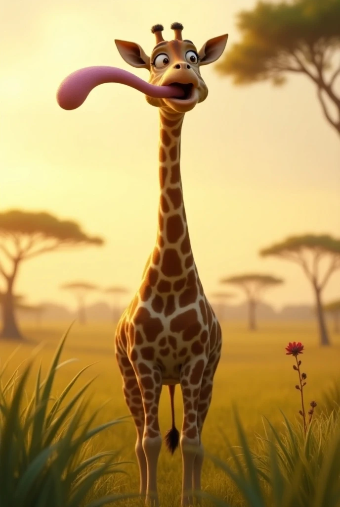 Giraffe sticks out tongue