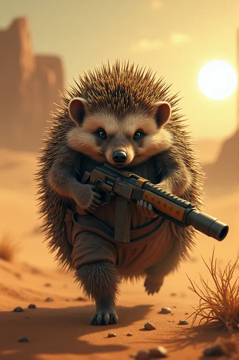 A dangerous hedgehog in the desert with a gun in his hand 