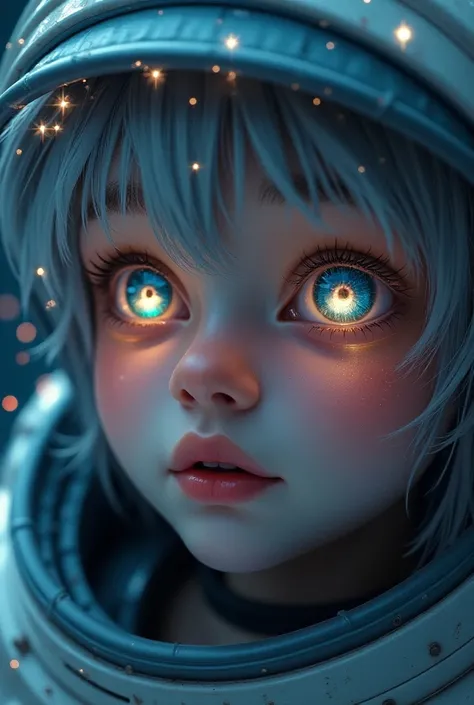  Close-up of an improved masterpiece:1.5)0.9], (Space and astronauts:1.2) ( Messy silver hair:1.1) (heterochromia: xanthochromia and blue eyes:1.2) (Space helmet:1.0) ( Colored stars in the eyes :1.0) (A radiant glow:1.1) ( Thick lips:0.9)