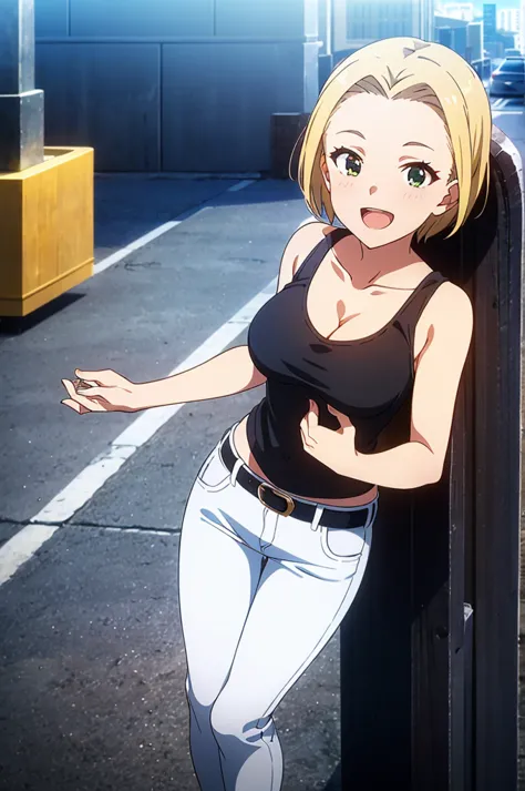 mirishita style, 1girl, solo, {idol outfit, masterpiece}, smile, short hair, forehead, blonde, cinematic light, black tank top, cleavage, breast, white jeans, belt, city, outdoors, standing, open mouth, day, 