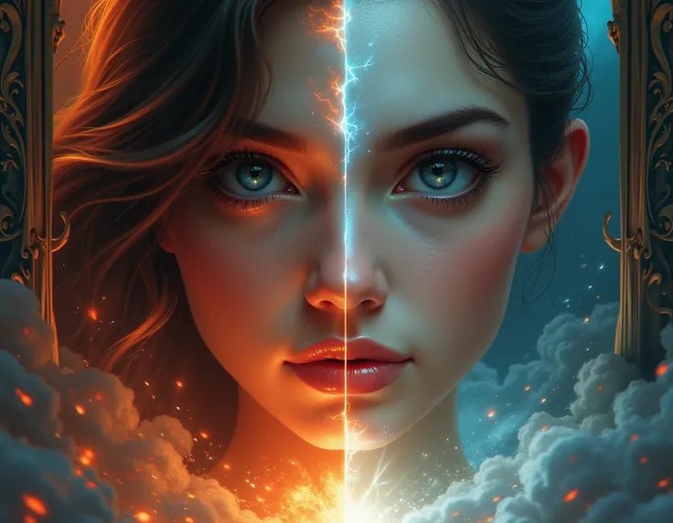 A highly detailed fantasy illustration, 1girl, beautiful detailed eyes, beautiful detailed lips, extremely detailed face, long eyelashes, 2 gates, one gate to hell, fire, demons, darkness, the other gate to heaven, angels, light, clouds, detailed architect...