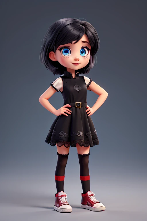 Extremely young girl , pale skin, beautiful blue eyes and short black hair with fringe .  She wears a black high-neck dress with long finger-less lace gloves,  black and red striped tights and Converse red .
 She also wears black lipstick combined with bla...