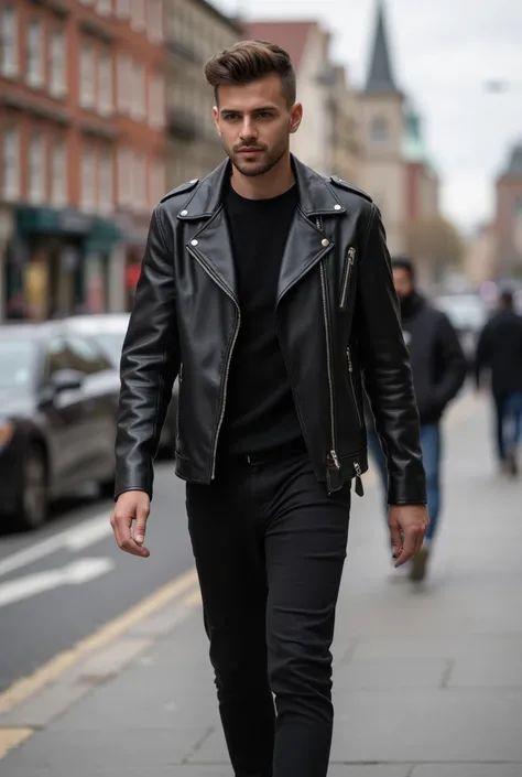  a man in a black leather jacket and black pants walking down the street,  digital art by Byron Galvez  , Trends on Pexels, Fine Arts, Wearing a leather jacket, using leather jacket,  Wearing a black leather jacket , outfit photograph  , using leather, rou...